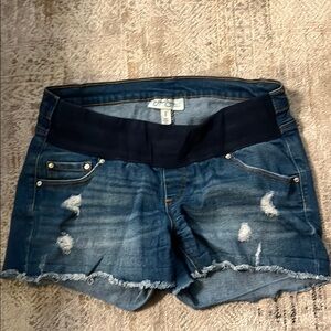 Blue Distressed Jean Shorts with Frayed Hem
